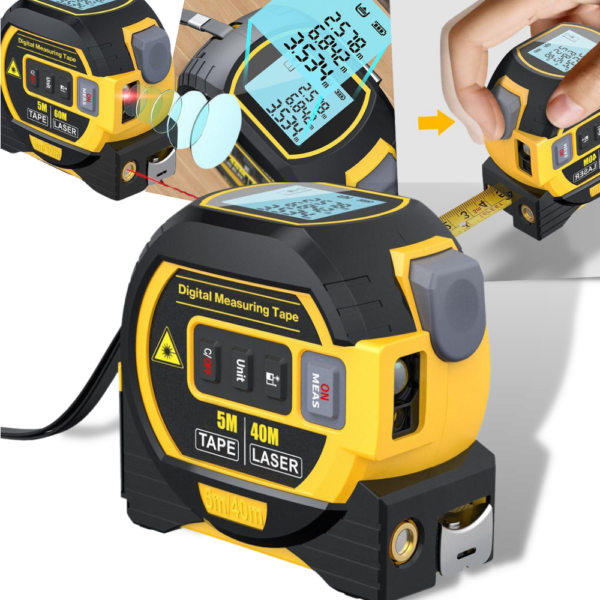 Mètre à Ruban Laser 3-en-1 avec Mesure de Distance, Surface et Volume – Outil de Précision pour Bricolage et Construction