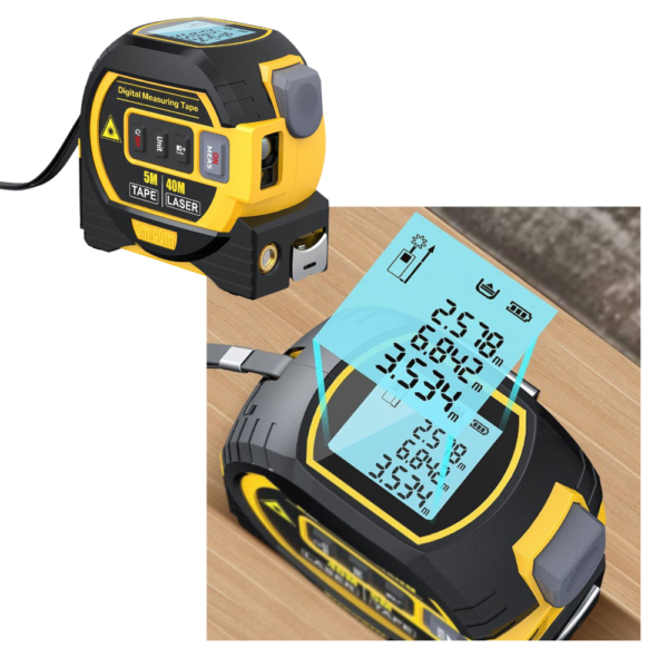 Mètre à Ruban Laser 3-en-1 avec Mesure de Distance, Surface et Volume – Outil de Précision pour Bricolage et Construction