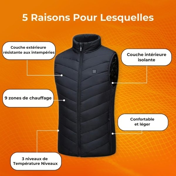 Gilet chauffant imperméable léger – veste chauffante électrique 3 niveaux pour extérieur
