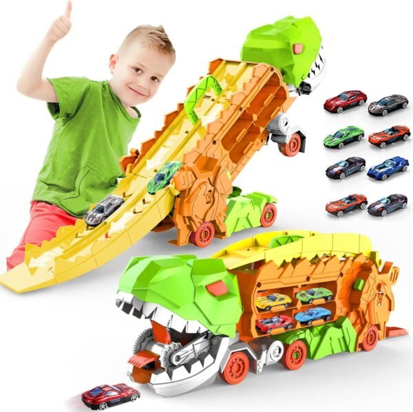 71ATFj0keML._AC_SL1500.jpg Mega Transporteur T-Rex Camion City Transformable avec Piste de Course Dino pour Enfants, Camion Transporteur T-Rex Jouet Dynamique