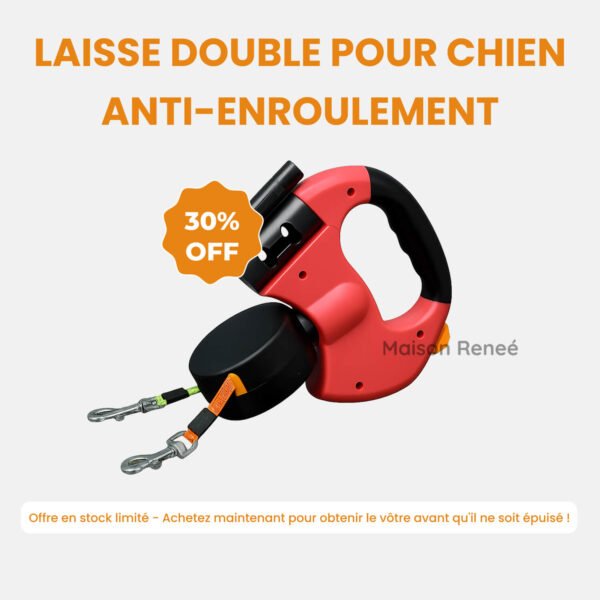 Laisse double pour chien anti-enroulement, pratique pour 2 chiens avec enrouleur longue distance
