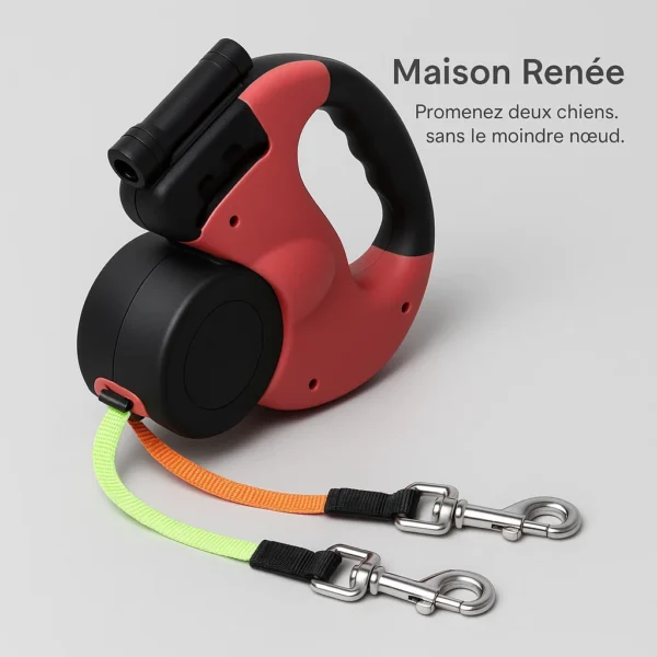 Laisse double pour chien anti-enroulement, pratique pour 2 chiens avec enrouleur longue distance