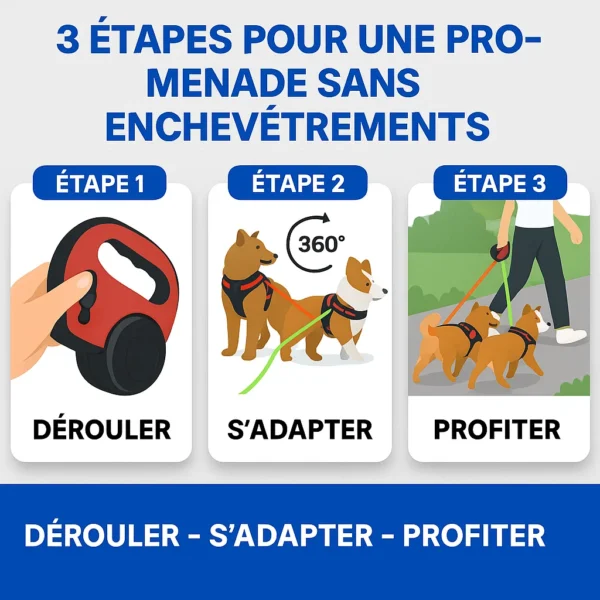 Laisse double pour chien anti-enroulement, pratique pour 2 chiens avec enrouleur longue distance
