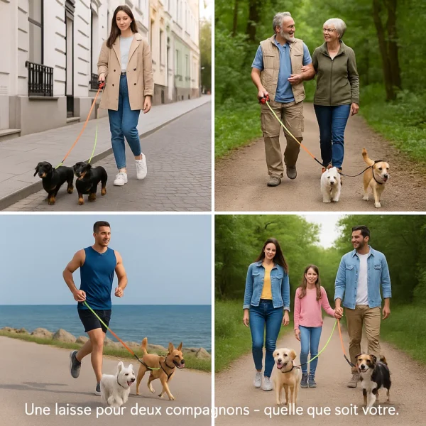 Laisse double pour chien anti-enroulement, pratique pour 2 chiens avec enrouleur longue distance