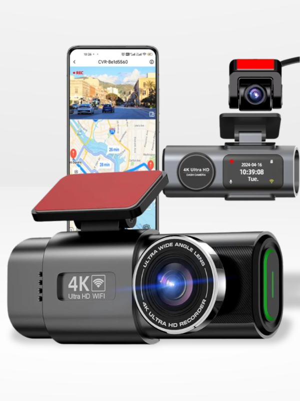 Caméra embarquée voiture 4K avec GPS, WiFi, caméra arrière Full HD et surveillance parking 24h