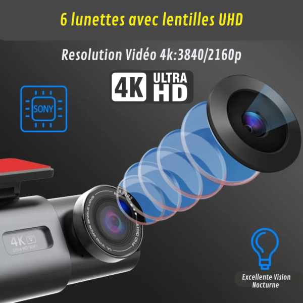 Caméra embarquée voiture 4K avec GPS, WiFi, caméra arrière Full HD et surveillance parking 24h