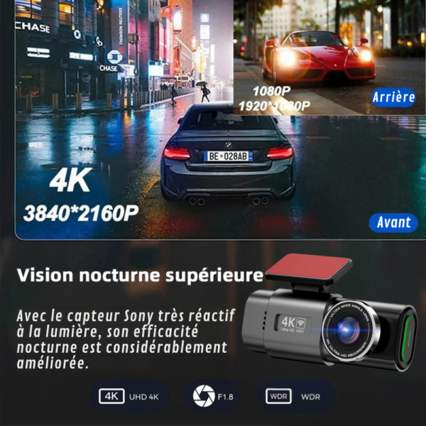 Caméra embarquée voiture 4K avec GPS, WiFi, caméra arrière Full HD et surveillance parking 24h