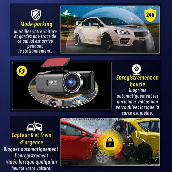 Caméra embarquée voiture 4K avec GPS, WiFi, caméra arrière Full HD et surveillance parking 24h