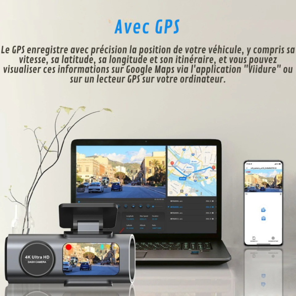 Caméra embarquée voiture 4K avec GPS, WiFi, caméra arrière Full HD et surveillance parking 24h