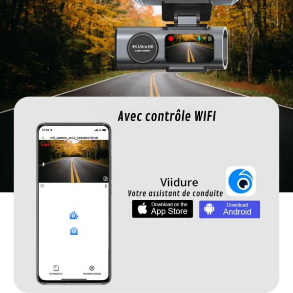 Caméra embarquée voiture 4K avec GPS, WiFi, caméra arrière Full HD et surveillance parking 24h