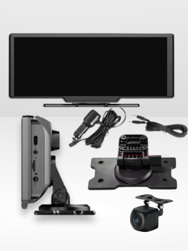 caplay_sans_fil_camera_frontale_pack.png Écran CarPlay voiture avec caméra embarquée intégrée et connectivité complète Android Auto