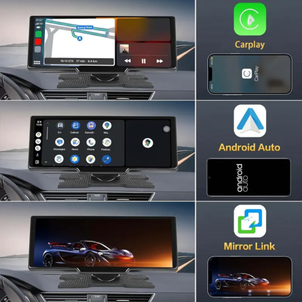 caracteristique_ecran_carplay_avec_camera_frontale_android_auto_mirror_link.png Écran CarPlay voiture avec caméra embarquée intégrée et connectivité complète Android Auto