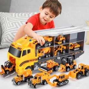 Voiture jouet enfant PlayMe avec camion transport, garage voiture jouet 2 ans et accessoires