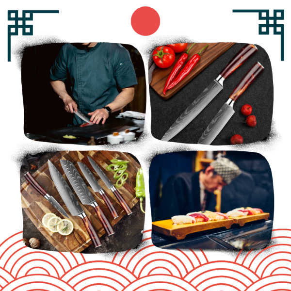 Couteaux Japonais en Acier Damas – Set de Couteaux de Cuisine pour Préparation de Sushi et Sashimi