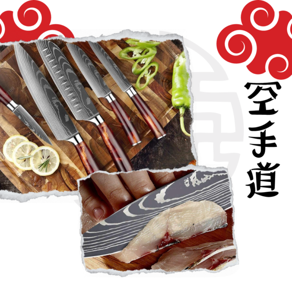 Couteaux Japonais en Acier Damas – Set de Couteaux de Cuisine pour Préparation de Sushi et Sashimi