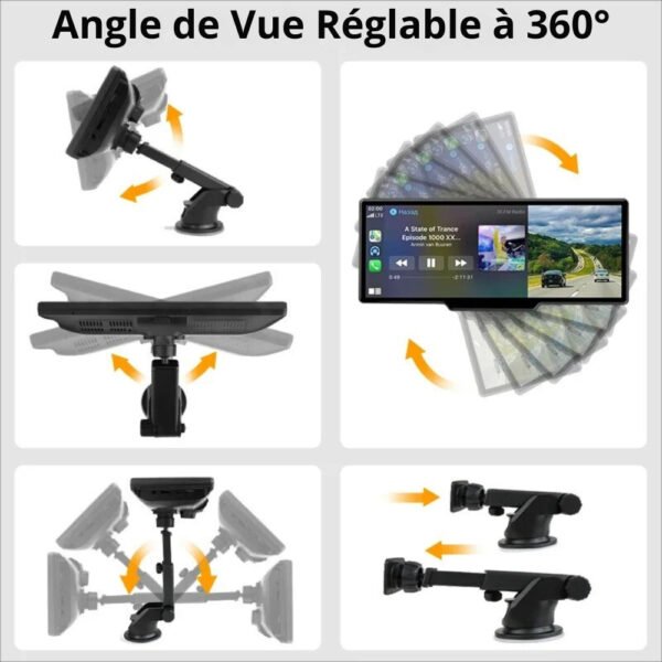 support_ajustable_360_carplay_sans_fil.jpg Écran CarPlay voiture avec caméra embarquée intégrée et connectivité complète Android Auto