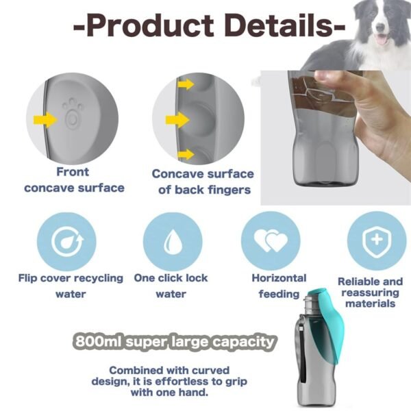 Gourde de voyage pour chiens avec bol anti fuites pliable grande capacité 800ml