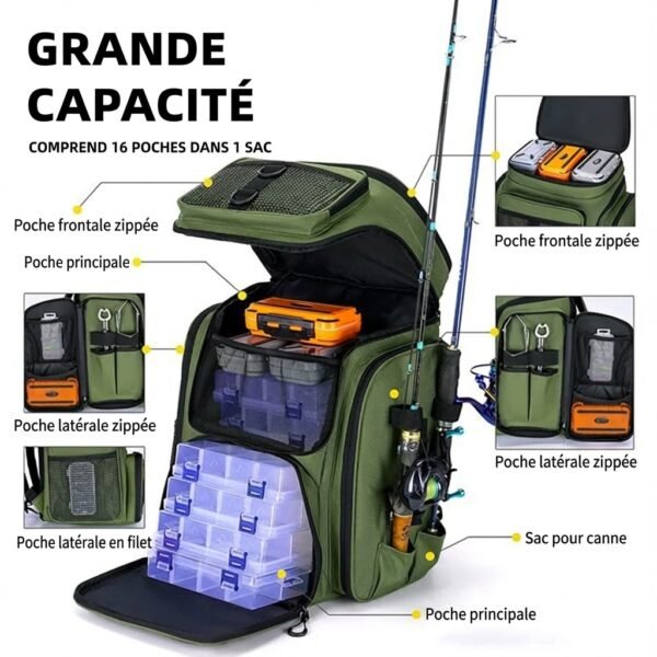 Sac à dos de pêche 50L avec supports