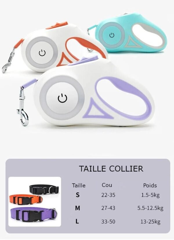Laisse pour chiens rétractable lumineuse LED 5m